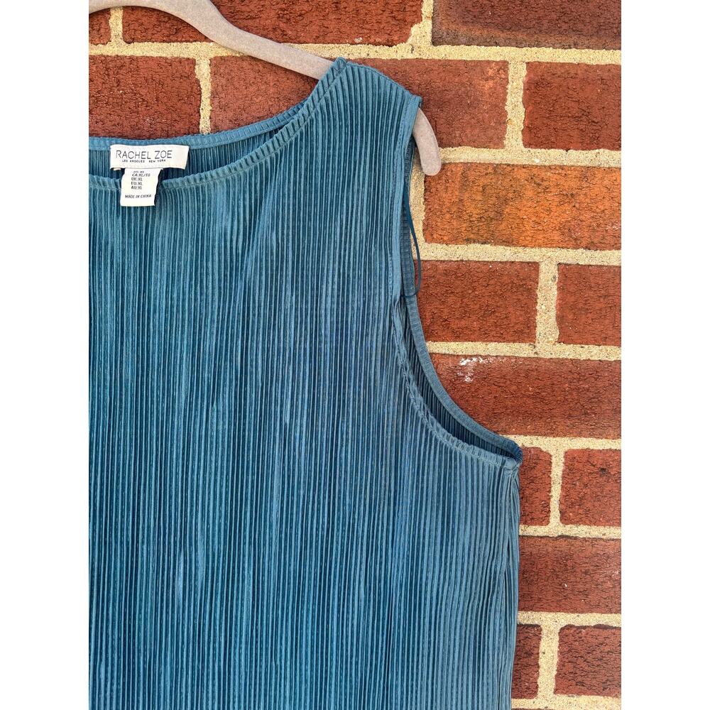 Rachel Zoe Blue Pleated Velvet Sleeveless Tank Top XL Textured Stretch Blouse - Picture 7 of 12